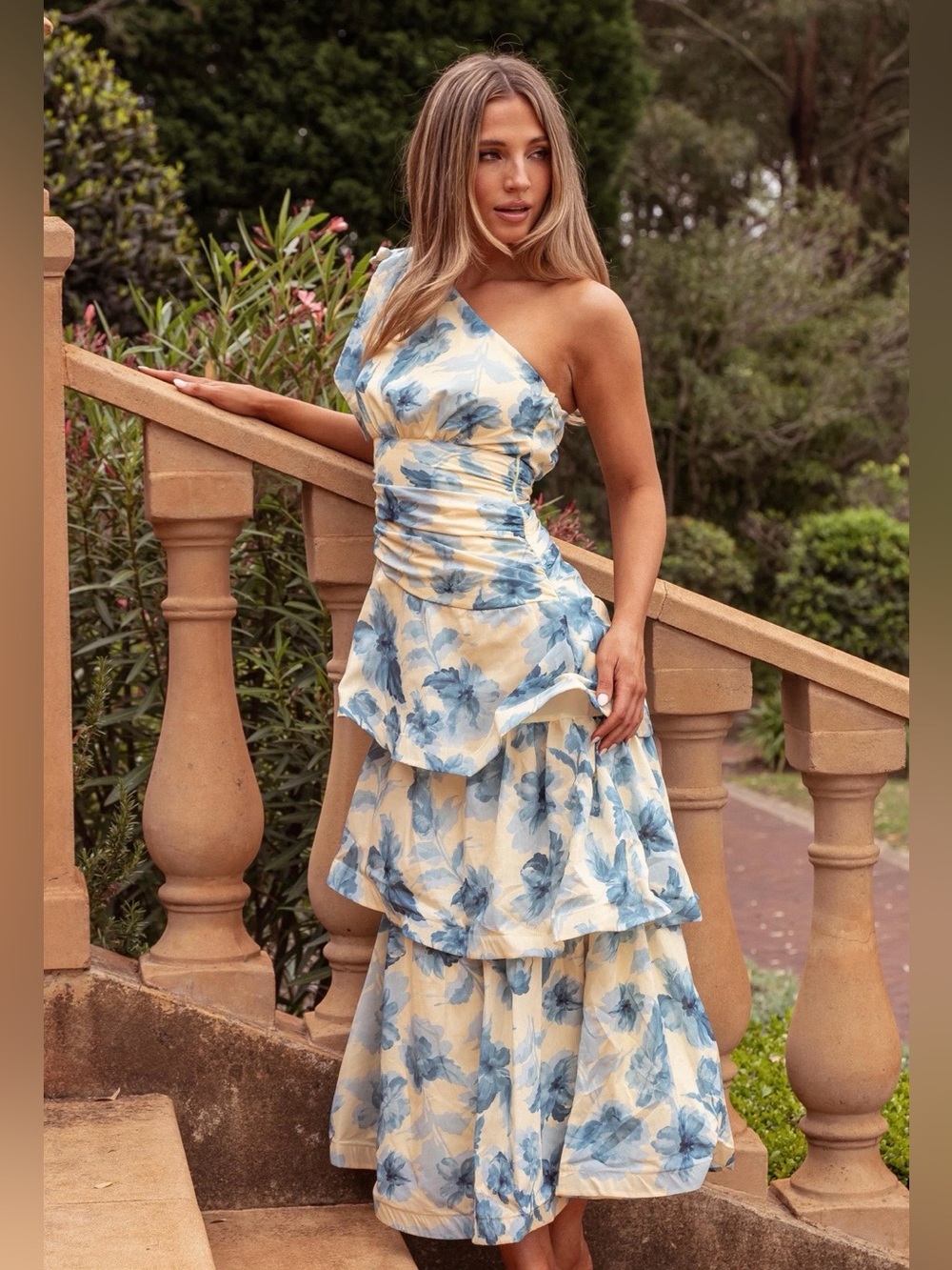 Selfie Leslie Saints and Secrets Kenny One Shoulder Tiered Floral Maxi Dress